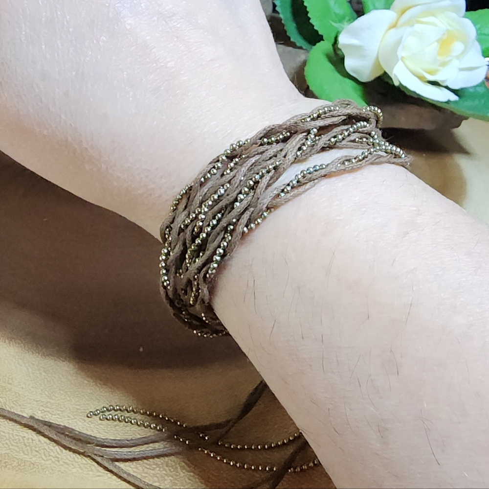 Unisex Boho Wrap Bracelet With Braided Gold Toned Ball Chain And Brown Cord